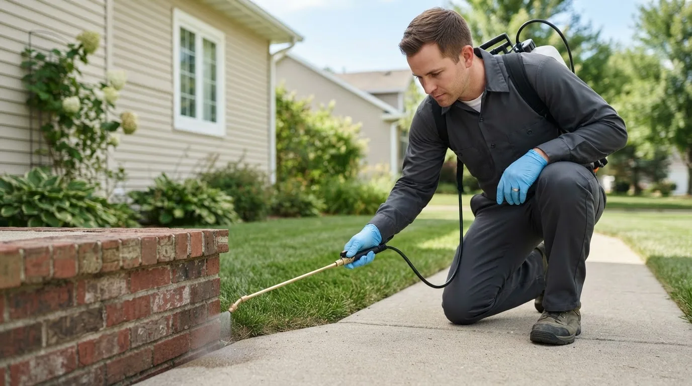 Pest control technician treating a home near Wideman, AR